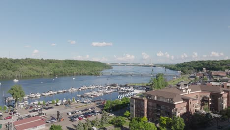 scenic aerial shot of stillwater, minnesota with lift bridge and marina on st. croix river.