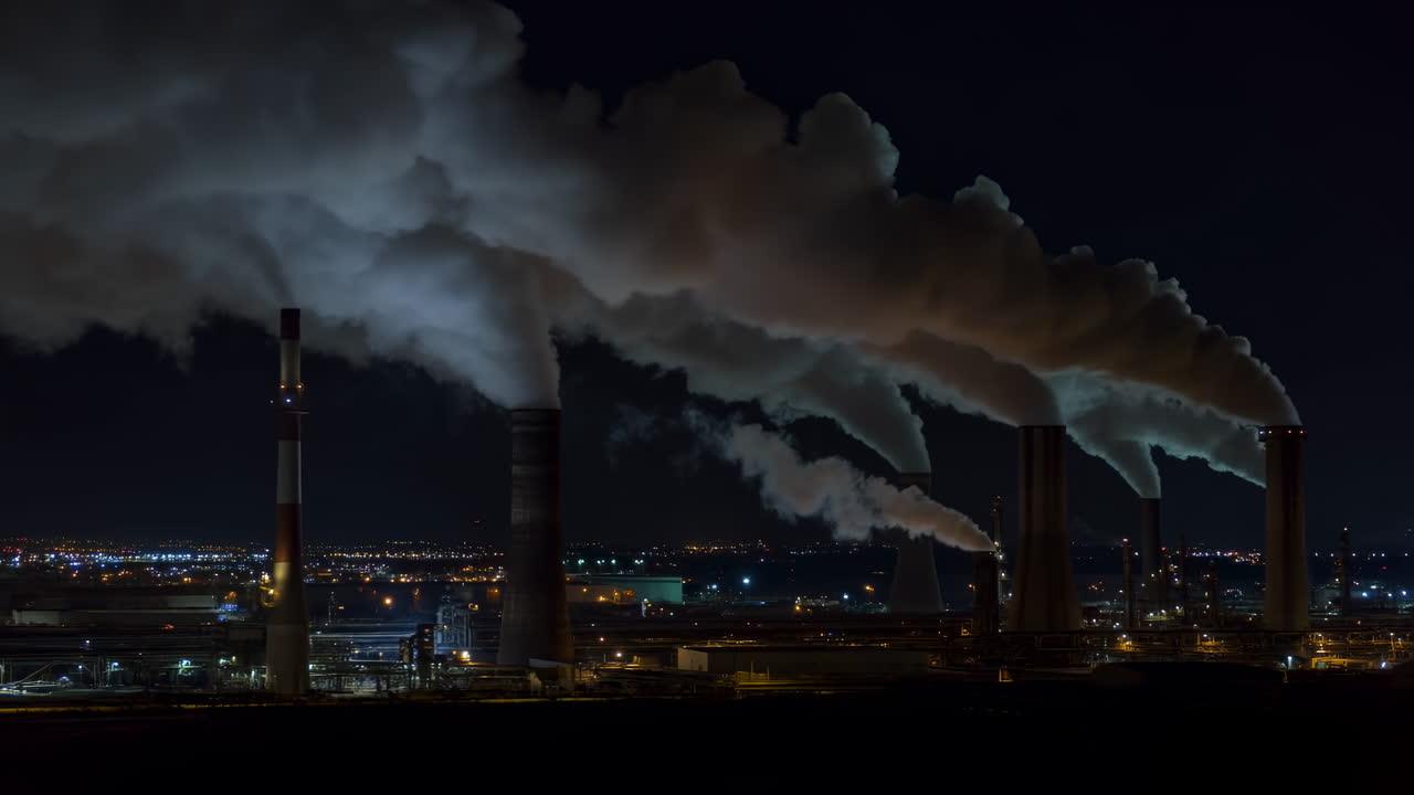 Industrial Power Plant Emitting Smoke and Steam at Night