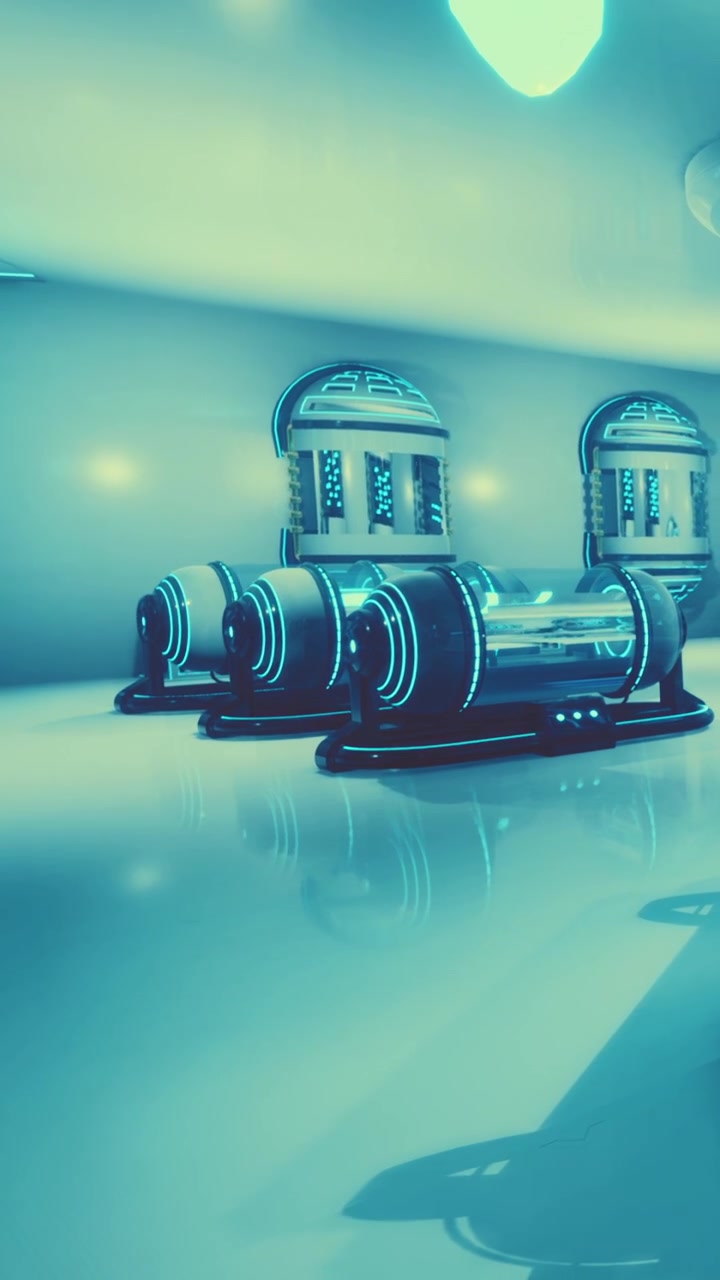 Futuristic machines in a bright room with blue lighting