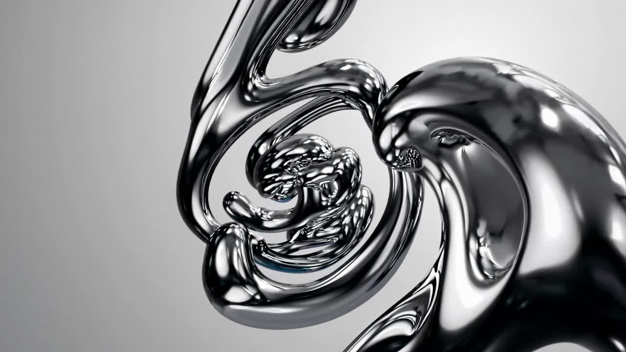 Close-up video of abstract metallic liquid shapes intertwining, captured from a dynamic angle