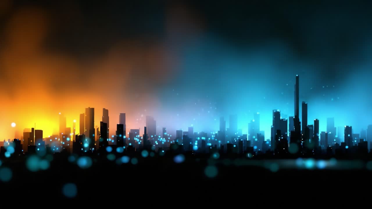 A Captivating Cityscape Illuminated by Colorful Lights, Showcasing the Stunning Contrast of Urban Life Against a Vibrant Night Sky of Blues and Oranges
