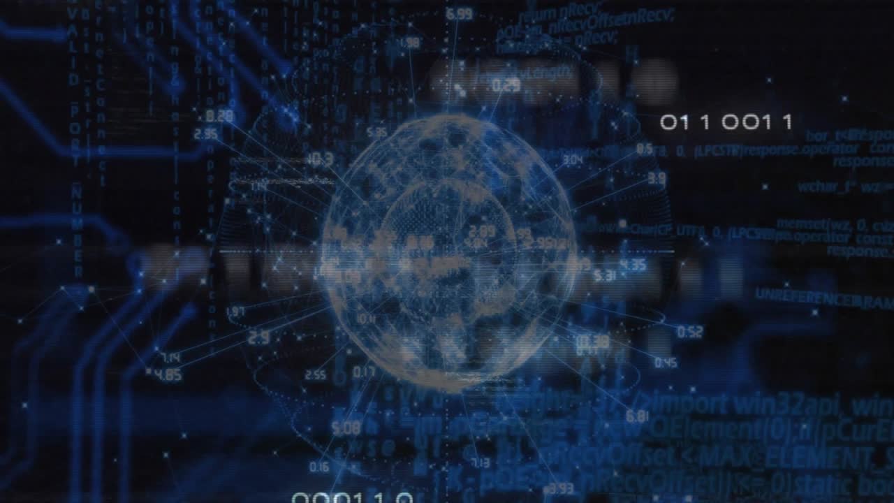 Dark UI showing holographic 3D globe rotating with binary flowing, mesh enveloping visualizing data
