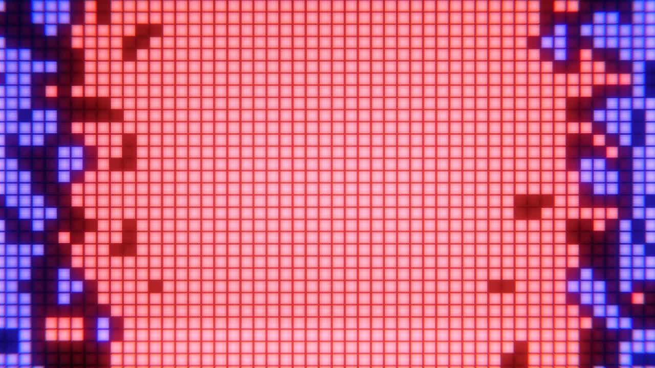 Griglia di pixel digitale dinamica con colori rosso e blu.