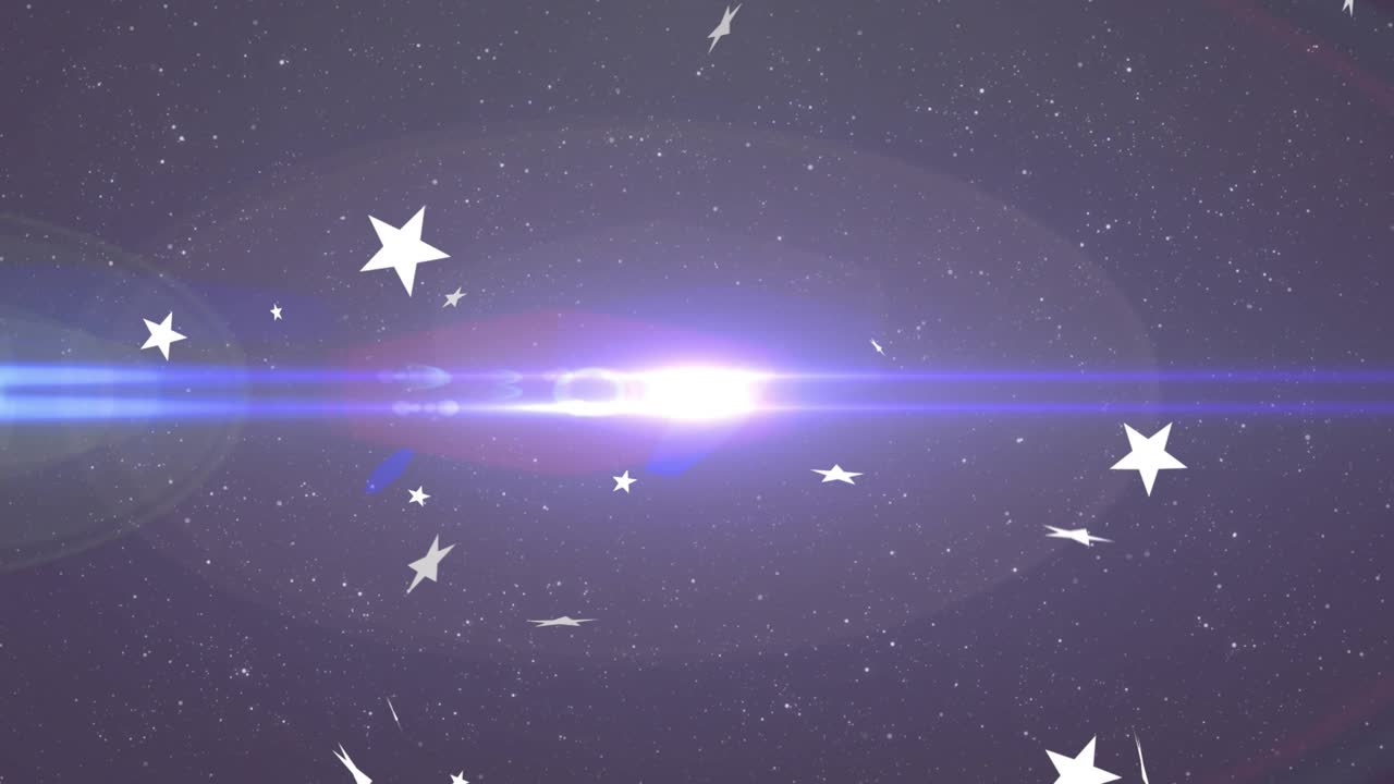 Opening on dark purple void stars drifting inward around pulsing lens flare with horizontal streaks