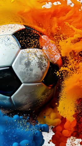 a soccer ball is surrounded by a colorful explosion of fire and smoke. the ball is the main focus of the image, and the surrounding fire and smoke create a sense of motion and energy