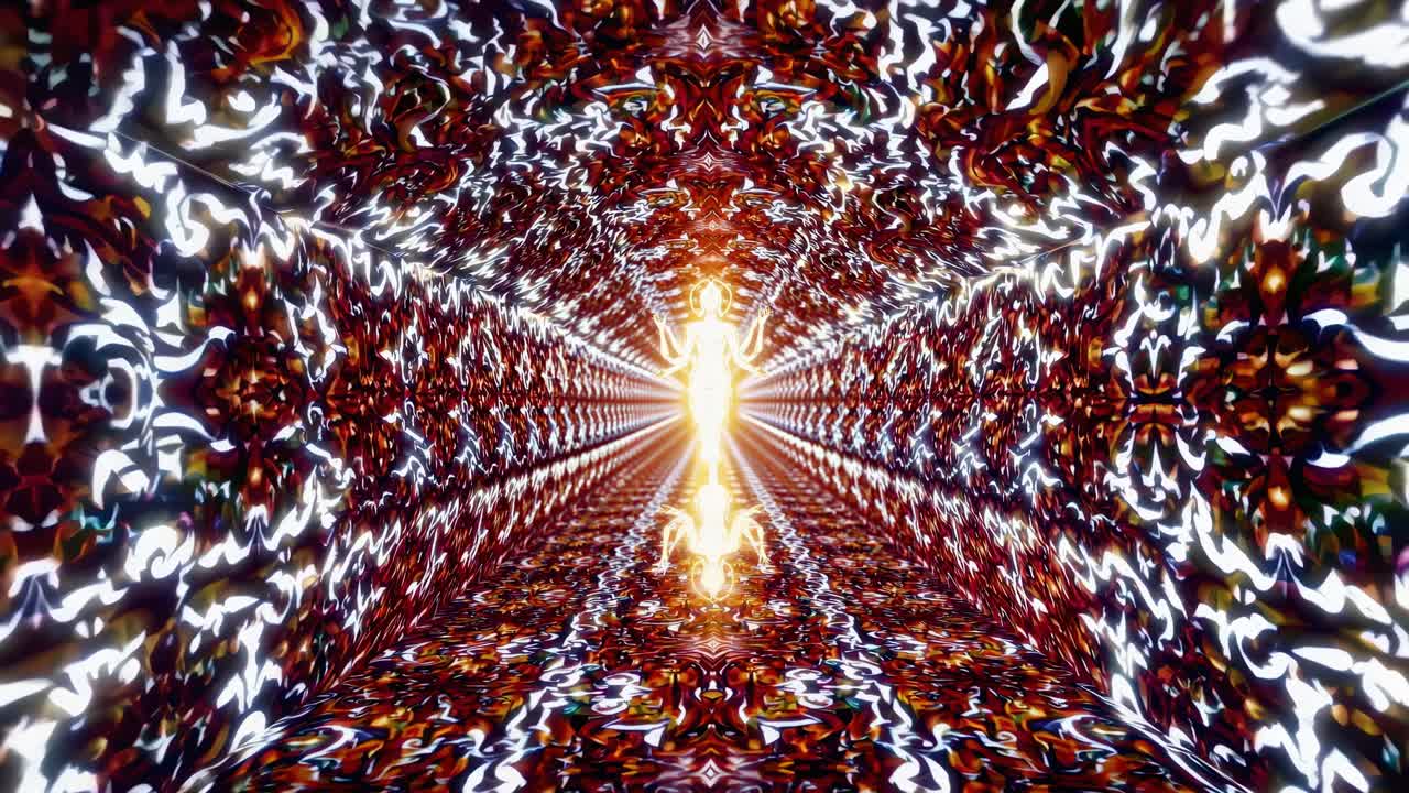 Glowing corridor featuring ornate walls and an illuminated end, creating a mystical and enchanting atmosphere filled with patterns and light, inviting exploration and spiritual awakening