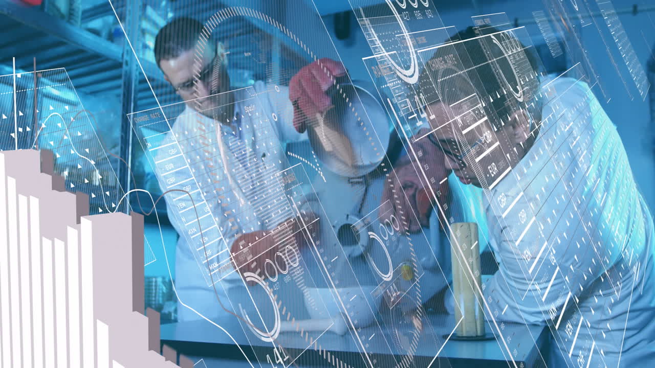 Scientists working in laboratory with digital data processing animation overlay