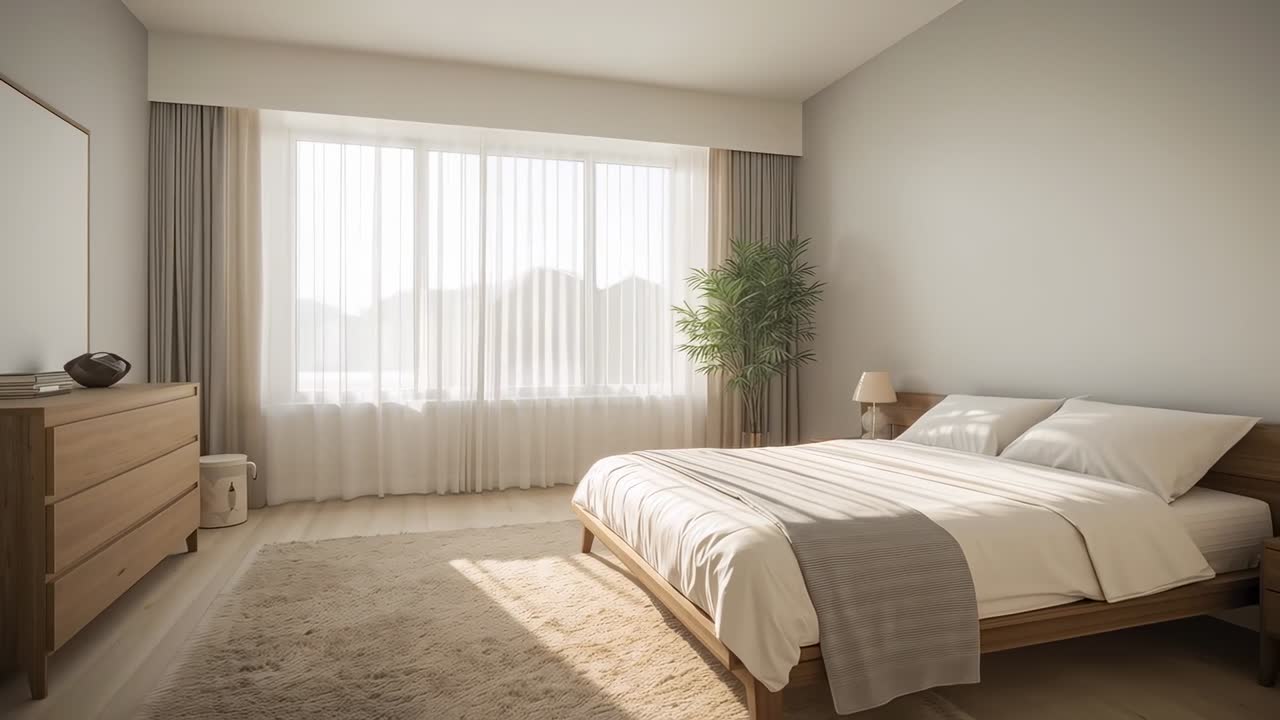 Luce solare che filtra attraverso le tende leggere, si muove sul letto in una camera da letto moderna, illuminando un plaid grigio