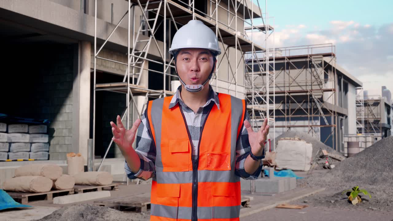 Asian Male Engineer With Safety Helmet Smiling To Camera And Saying Wow While Standing At Building & Construction Site in Progress to New House