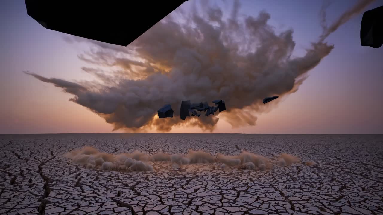 Dark geometric shapes are floating over a cracked desert soil at sunset, with dust blowing across the barren landscape, creating a surreal and otherworldly scene