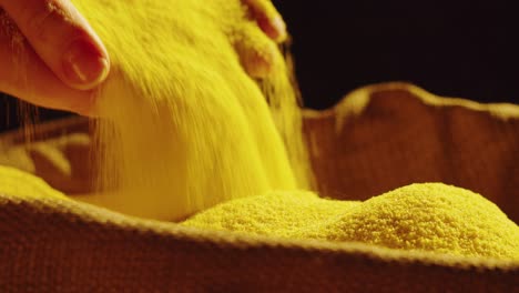 hands scooping and pouring yellow grains from a sack