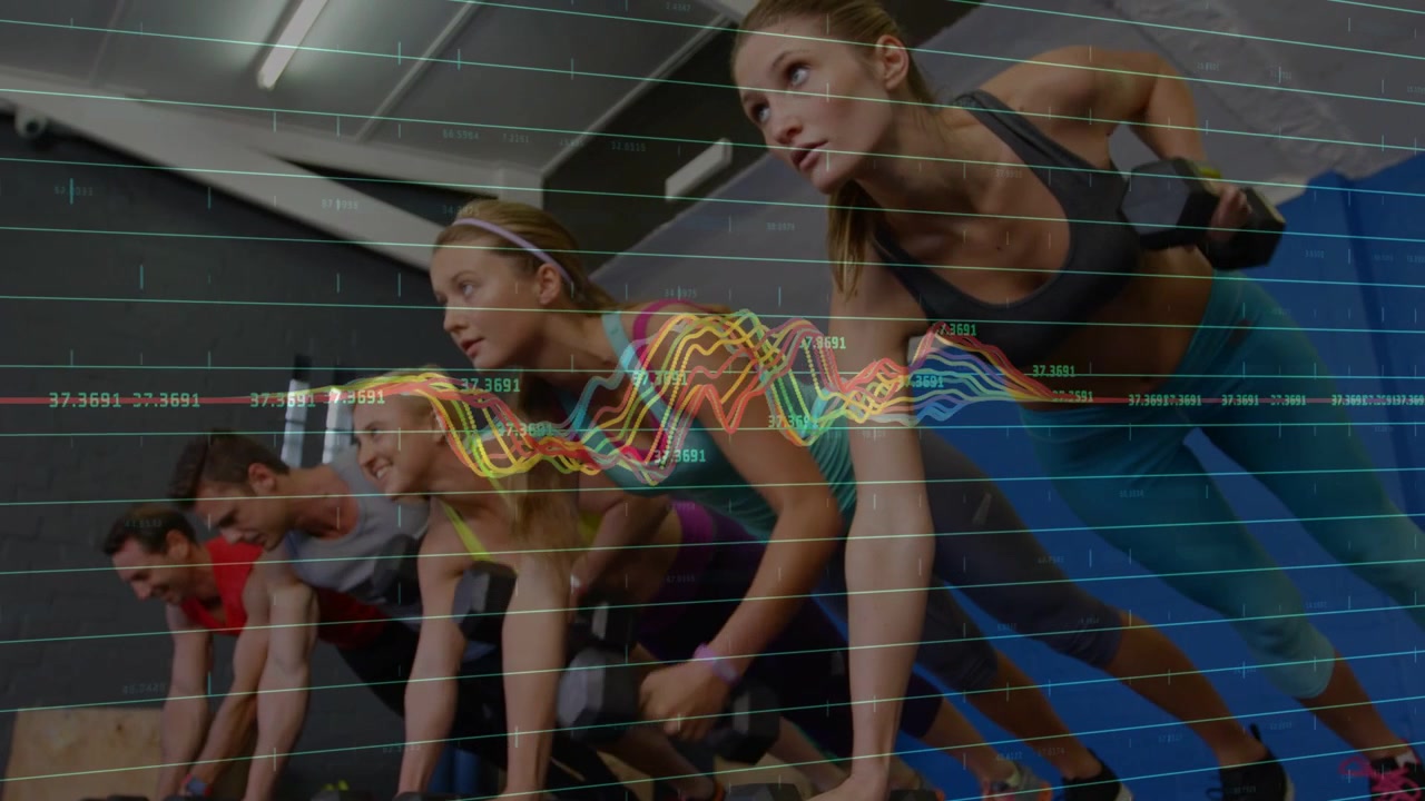 Fitness class performing bent-over rows in gym, initiating first pull while waveform tracking reps
