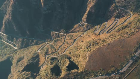 high up top down view of amazing of the unique serra do rio do rastro rainforest road and the mountains of santa catarina, brasil