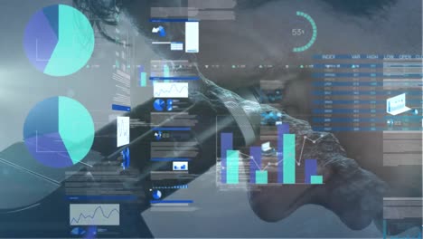 Animation of diverse data and graphs over caucasian man using microscope