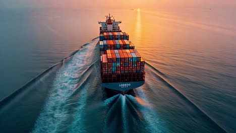 container ship sailing into the sunset