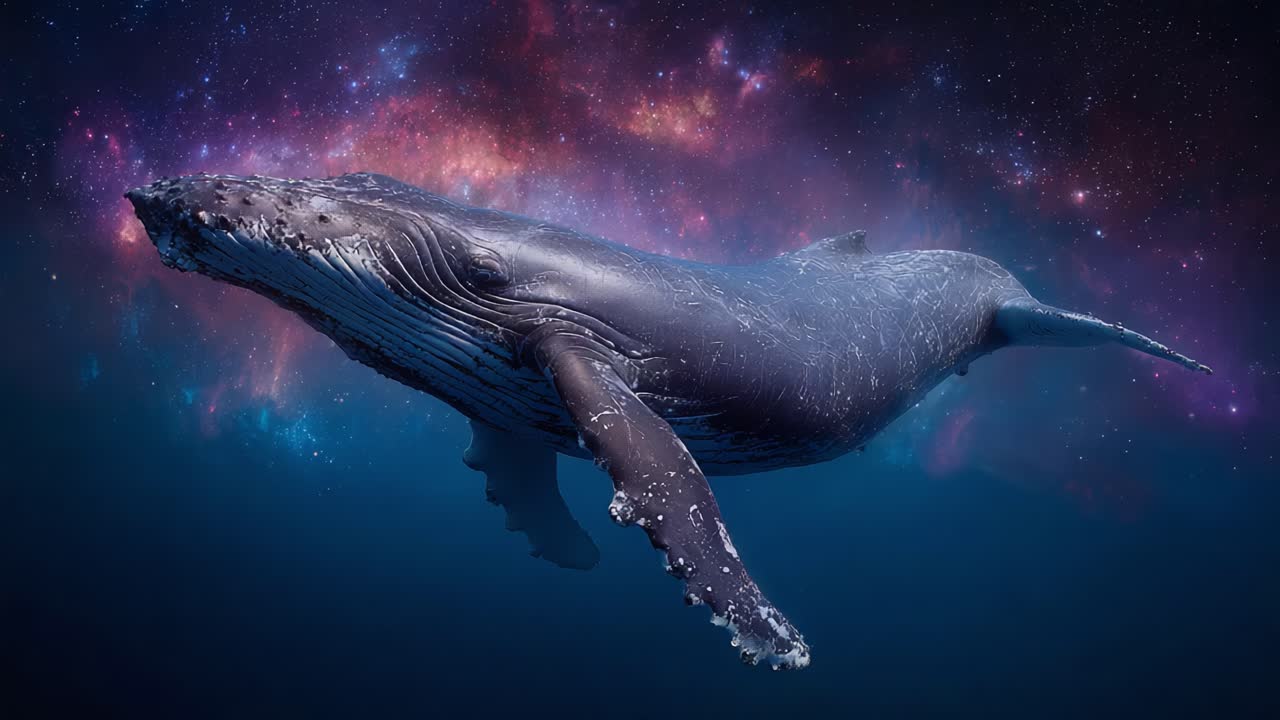 Stunning Underwater Majesty: A Humpback Whale Swimming Gracefully Through a Cosmic Sea of Stars and Galaxies, Capturing the Wonder of Marine Life and the Universe's Beauty