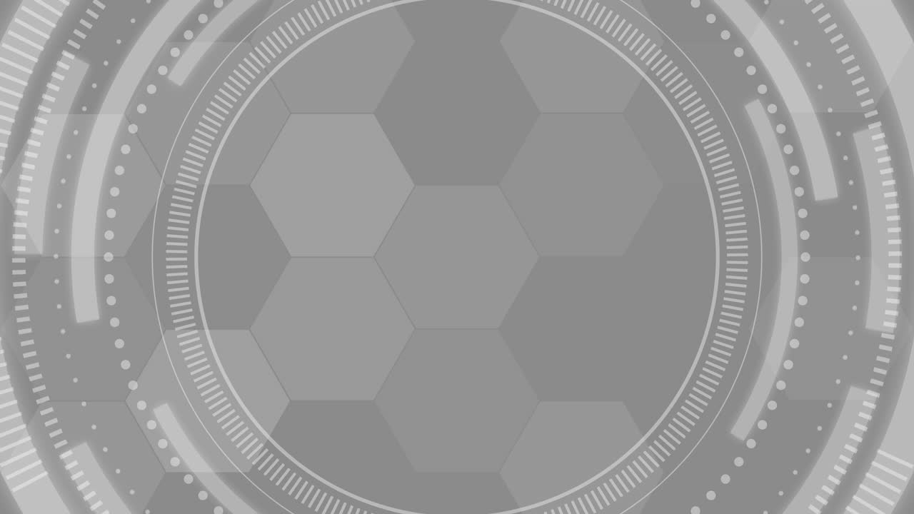 Gray futuristic background with hexagonal grid and circular HUD element. Abstract user interface. Looped motion graphics.