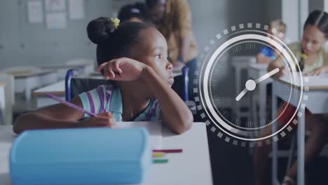 Animation-of-clock-over-bored-african-american-schoolgirl-at-desk-in-class