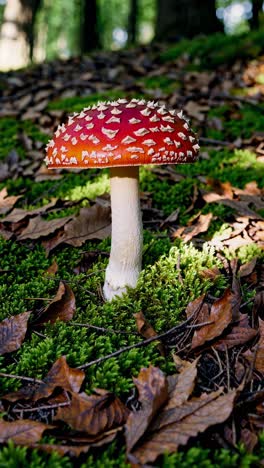close-up of a vibrant red mushroom with white spots in a forest setting, captured from a low angle