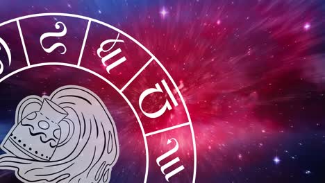 animation of aquarius star sign symbol in spinning horoscope wheel over glowing stars