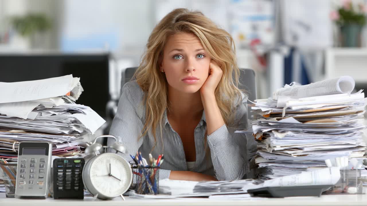 Overwhelmed Office Worker Surrounded by Piles of Paperwork and Clocks, Expressing Frustration and Fatigue in a Modern Work Environment