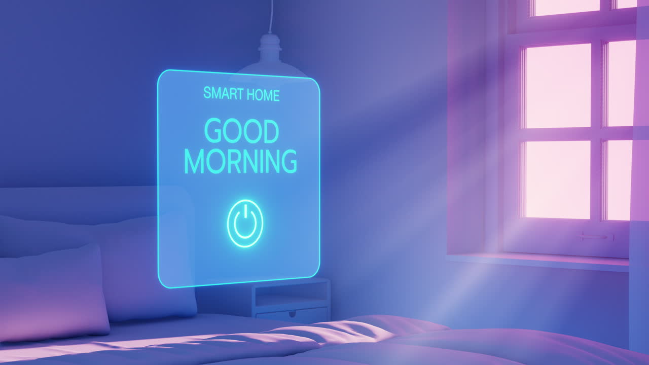 A hand touches a UI button labeled 'Good Morning' in a smart home, triggering the automatic opening of curtains using AI technology