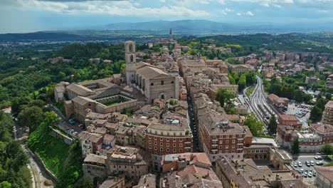 Aerial-of-the-town-of-Borgo-XX-Giugno-and-the-Convent-of-San-Domenico-,-Perugia,-Province-of-Perugia,-Italy