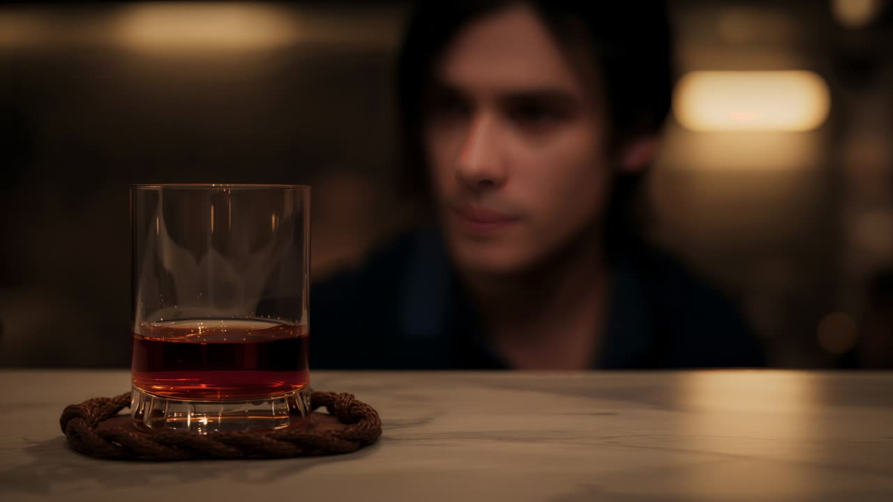 Moving forward man wearing dark collared top studying tumbler on marble bar with braided coaster
