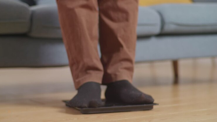 Close Up Of A Fat Asian Man Weighing Himself While Eating Fast Food Having Fried Chicken In The Living Room At Home