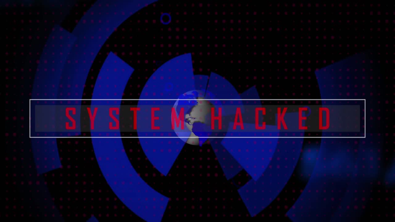 animación de texto hackeado del sistema, lenguaje informático y globo en patrón circular