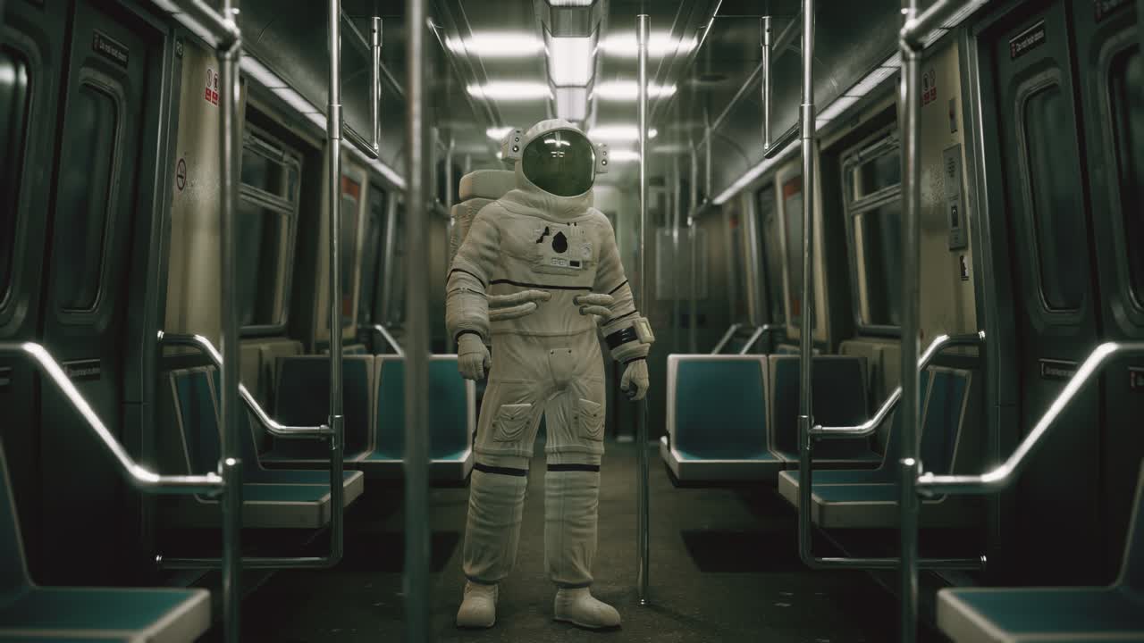 astronauta dentro del viejo vagón de metro no modernizado en ee.uu.