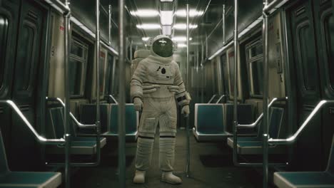 astronauta dentro del viejo vagón de metro no modernizado en ee.uu.
