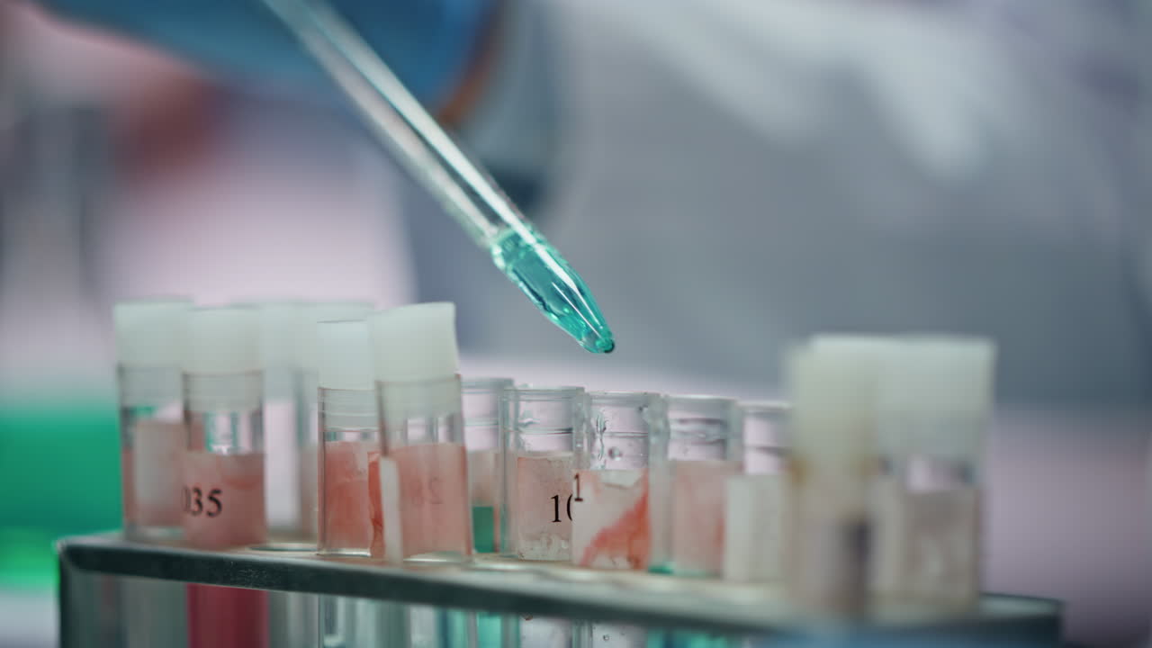 Closeup filling test tubes in advanced laboratory. Lab scientist using pipette