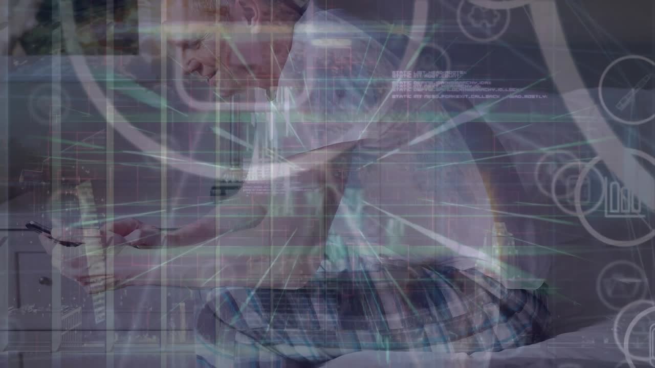Animation of financial data processing over caucasian man using smartphone