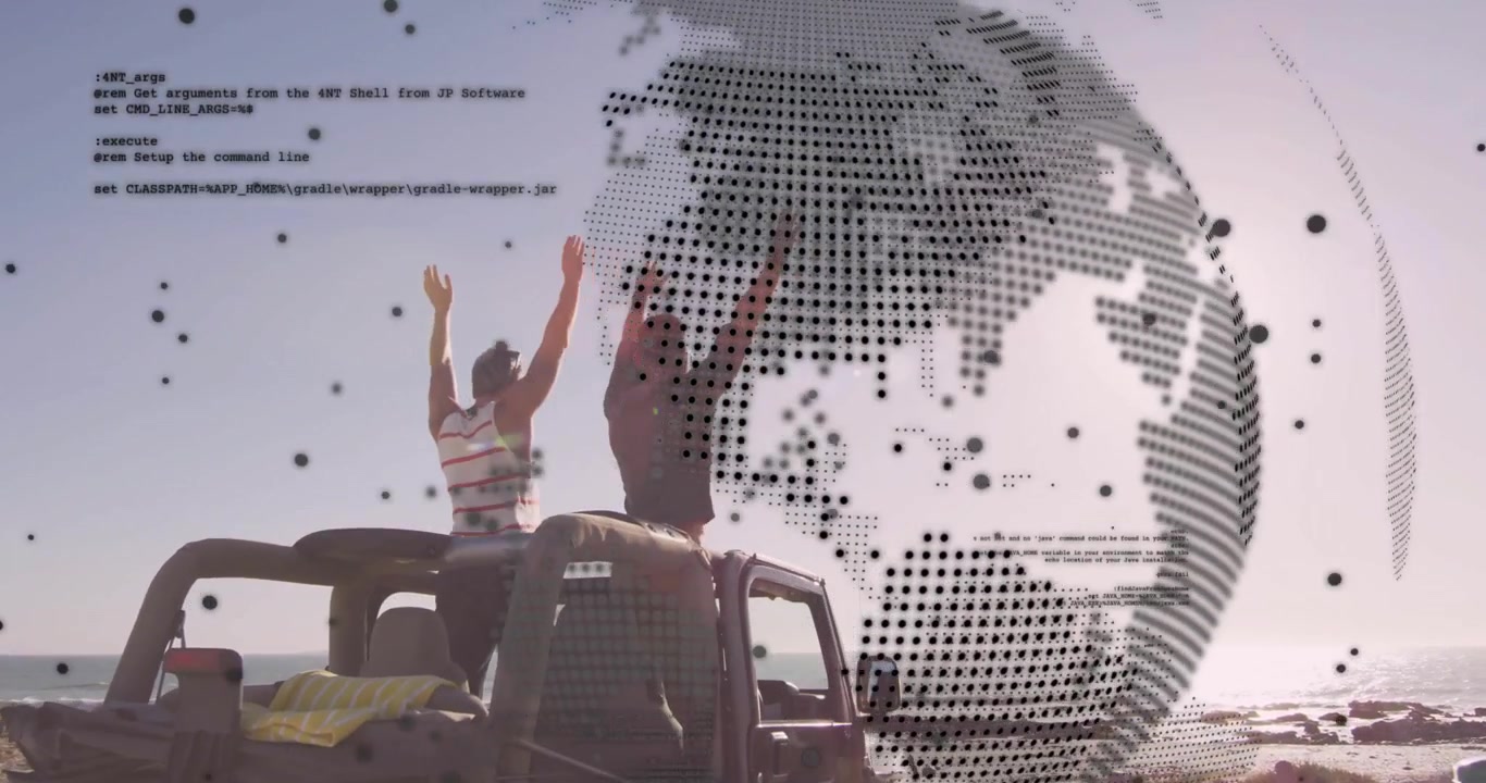Observando una superposición de globo giratorio, dos hombres subiendo al techo de un SUV y levantando los brazos mostrando tecnología.