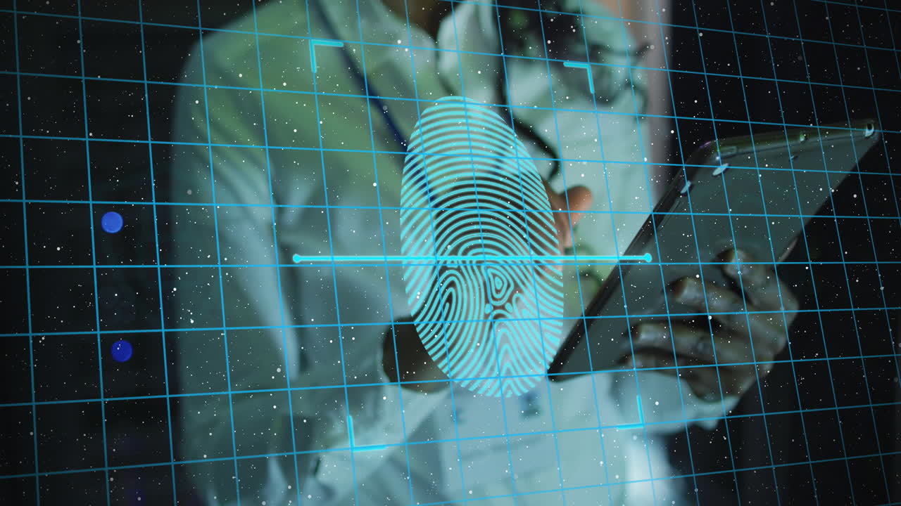 animación de procesamiento de datos sobre una mujer de negocios afroamericana que usa una tableta