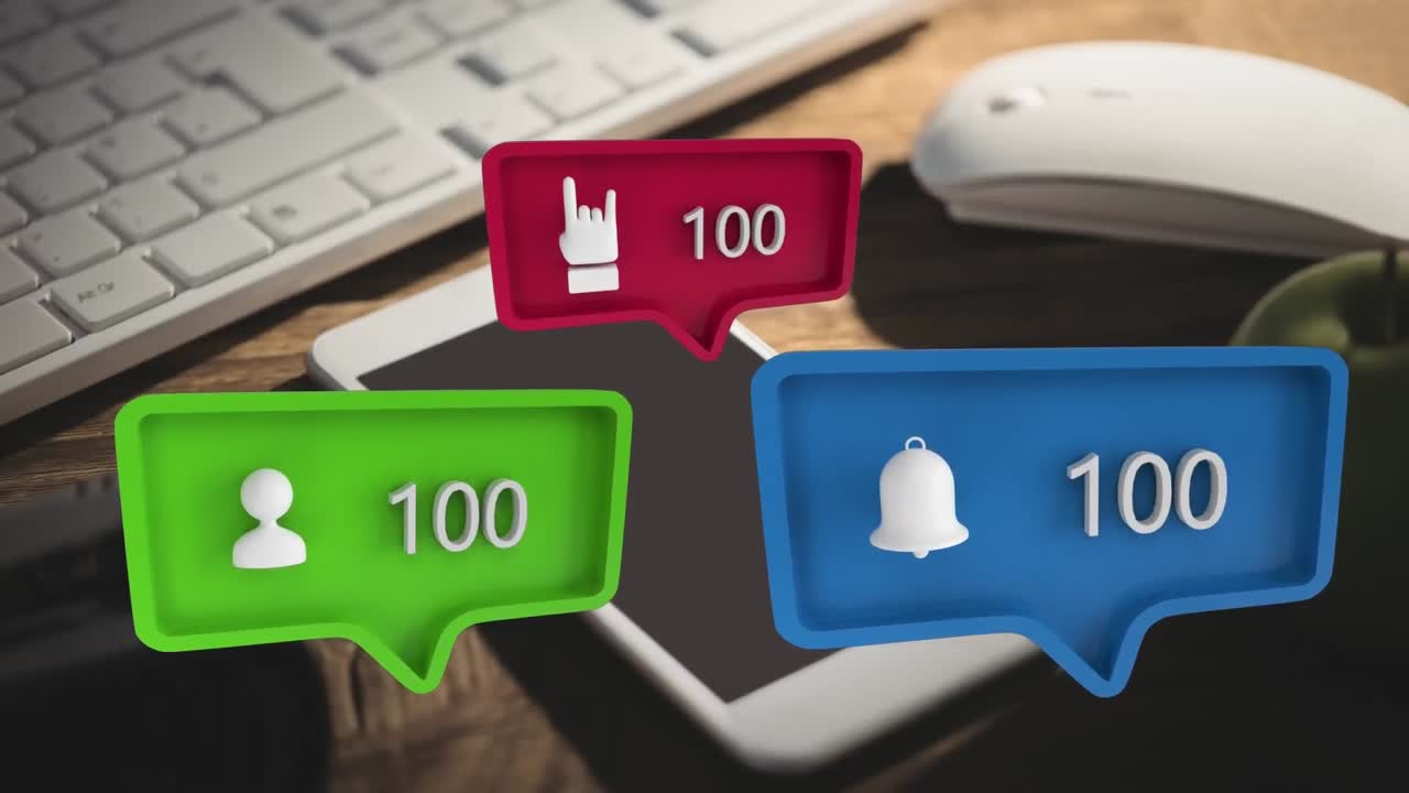 iconos de mano, perfil y notificación con el fondo de un teclado, un ratón y un teléfono móvil