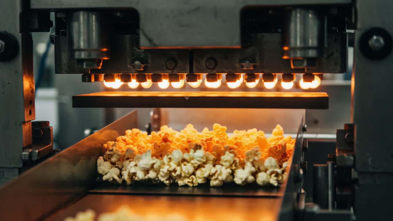 Industrial Popcorn Production: A Peek into the Machinery and Process Behind the Making of Freshly Popped Corn Snacks for Cinematic Enjoyment
