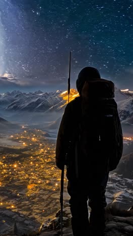 adventurer overlooks mountain village under full moon at night
