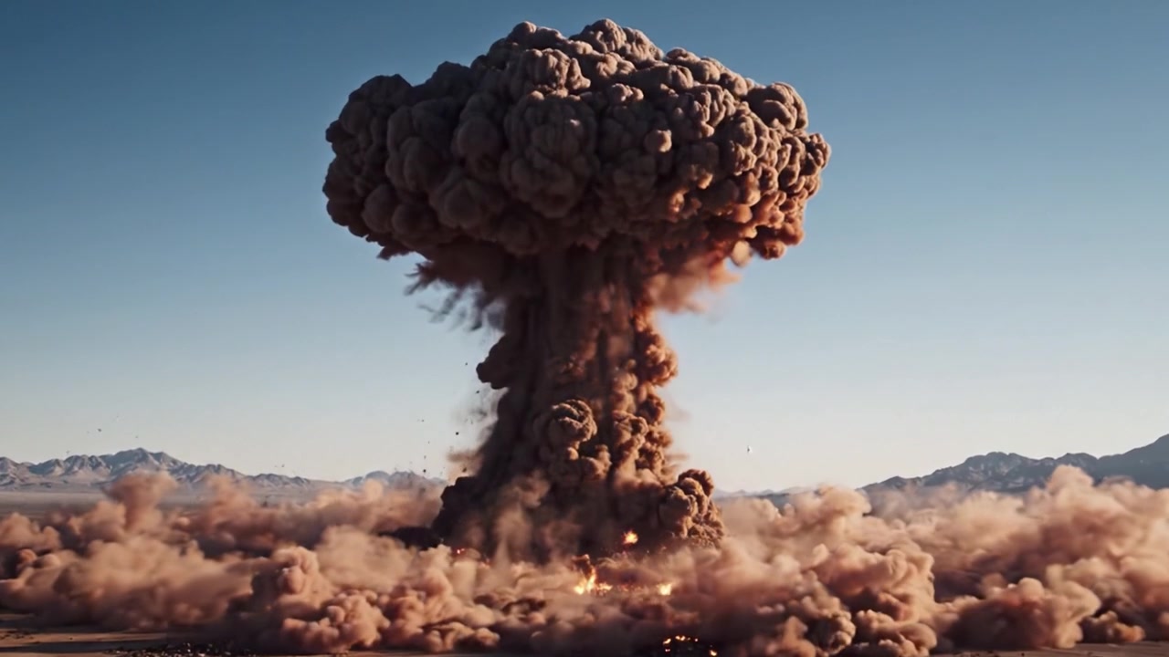 Ein atemberaubendes Bild einer massiven Explosion mit einer Pilzwolke, die in der Wüste aufsteigt und die Kraft der Naturkräfte und menschliche Ingenieurskunst demonstriert