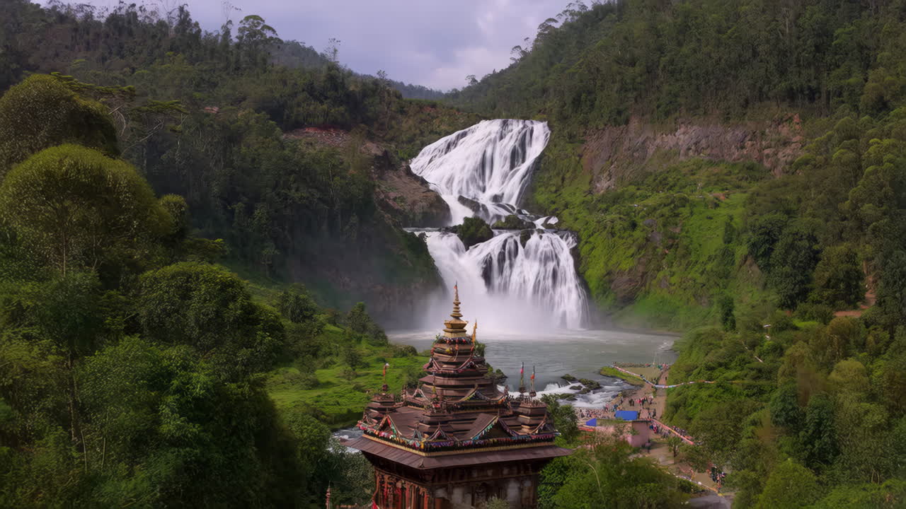 Majestic Waterfall and Temple in a Lush Valley