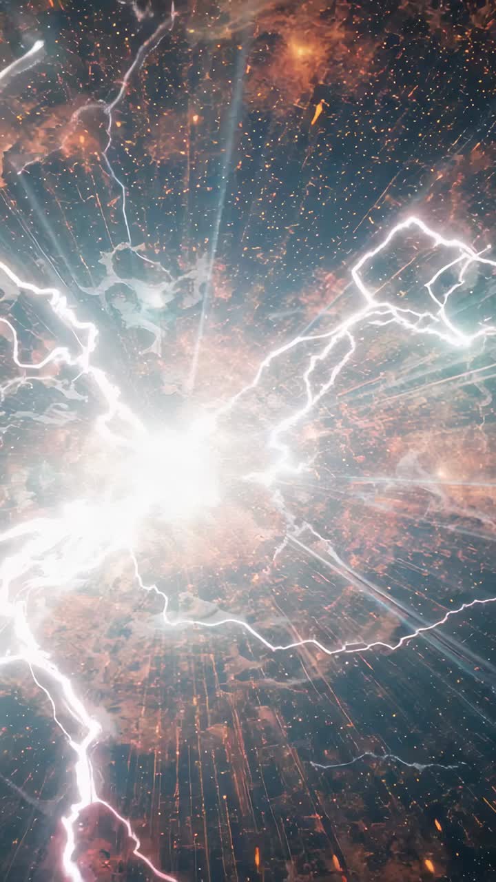 Vertical video: Erupting luminous core sending filaments, vertical bolt across nebula-like backdrop