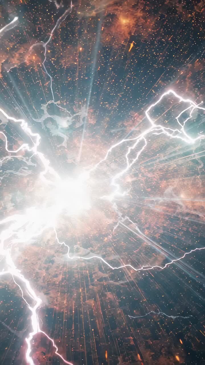 Video verticale: nucleo luminoso in eruzione che sprigiona filamenti e un fulmine verticale su uno sfondo simile a una nebulosa