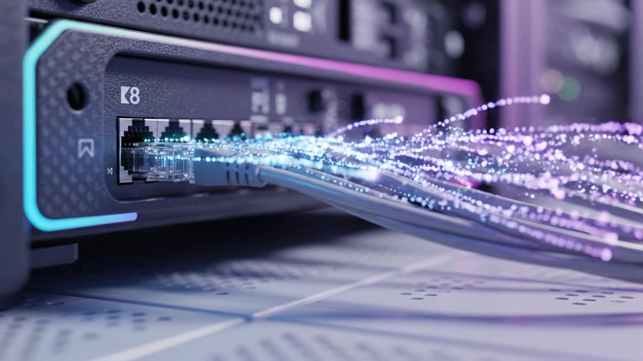 Close-up of a network switch showcasing multiple Ethernet connections with dynamic data flow, highlighting technology and connectivity in modern data environments.