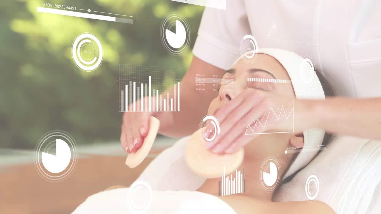 Spa therapist picking up sponges and massaging cheeks and neck with animated HUD tracking skin data