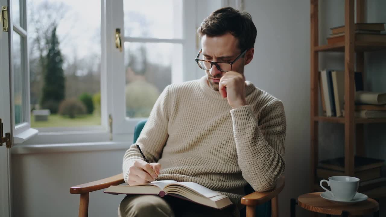 Leaning forward, man wearing ribbed sweater studying and writing in open notebook on lap at home