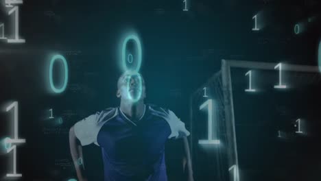 animación de ecuaciones matemáticas sobre dos jugadores de fútbol masculinos diversos jugando al fútbol