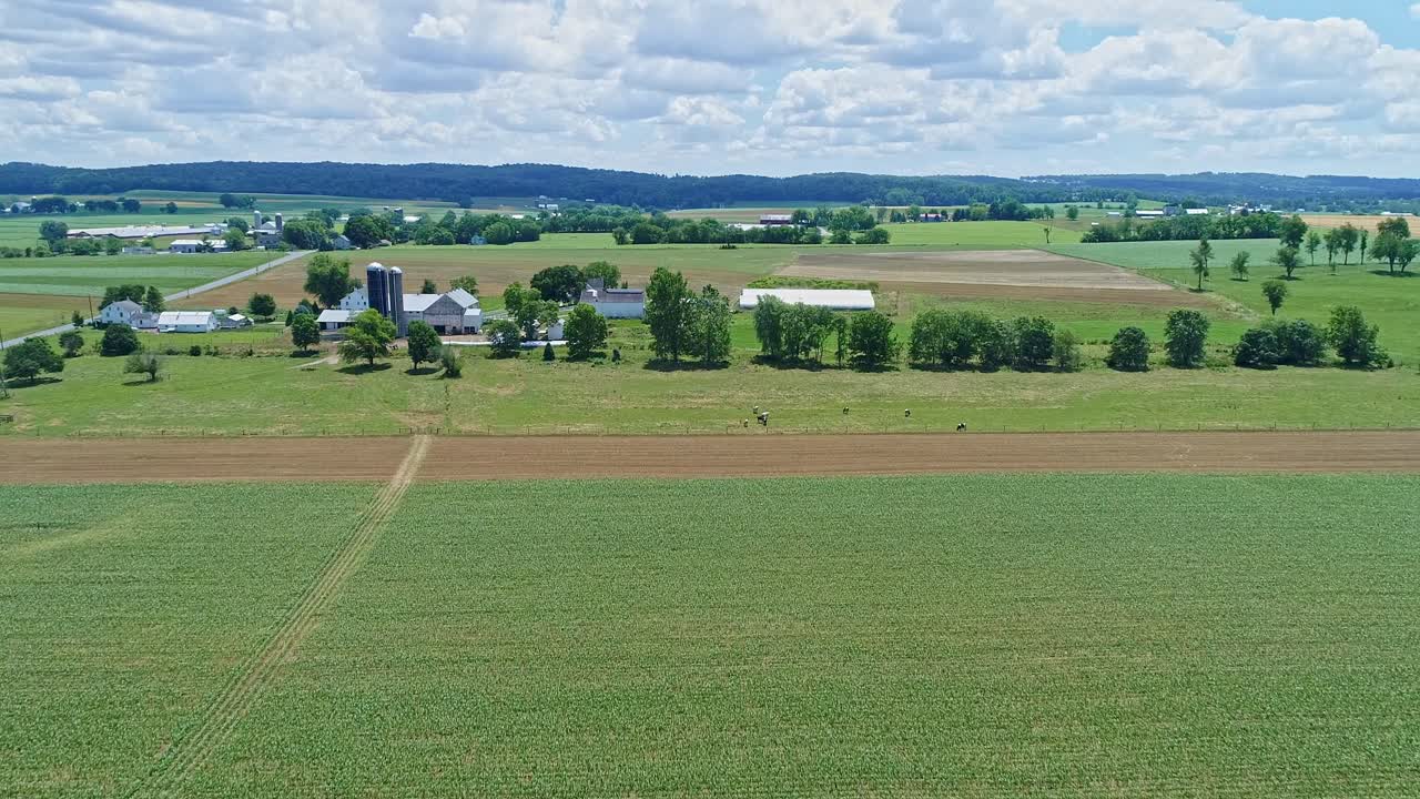 심은 들판과 목초지가 있는 농장 시골의 공중 전망 한 농부가 일하고 아름다운 화창한 날에 지나가는 기차