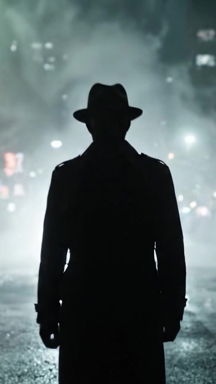 Una misteriosa silhouette nella nebbia: l'enigmatica figura di un detective emerge dalle ombre in un crudo paesaggio urbano, catturando un'estetica noir ricca di intrighi
