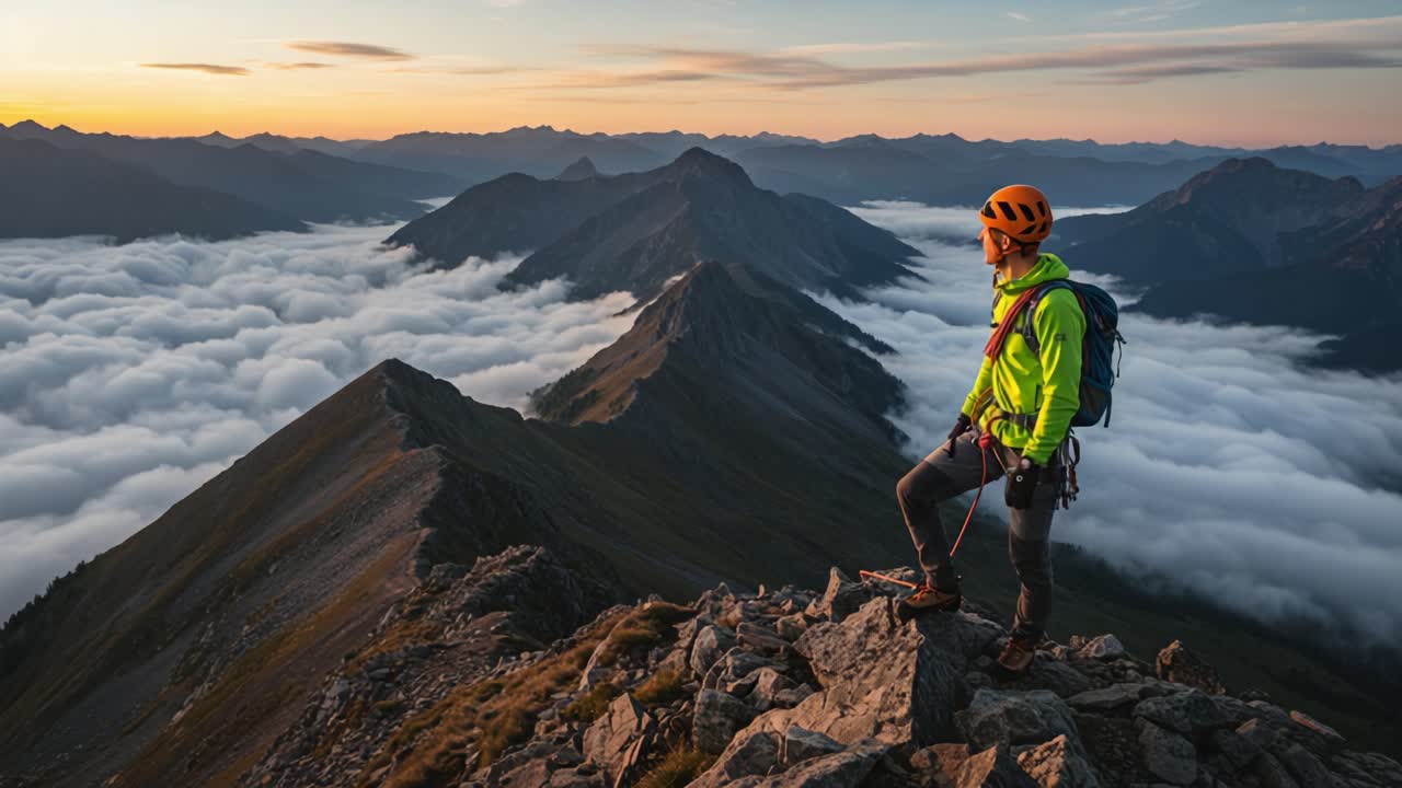 Climber standing on a mountain ridge overlooking a sea of clouds at sunrise